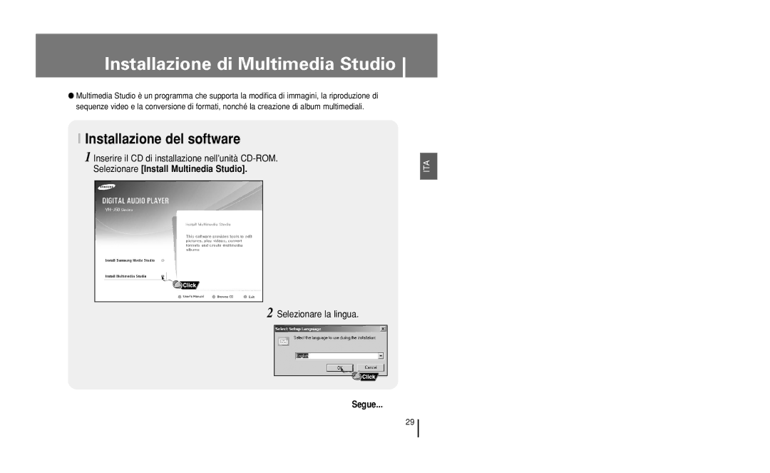 Samsung YH-J50KB/ELS, YH-J50GB/ELS manual Installazione di Multimedia Studio, Selezionare la lingua 