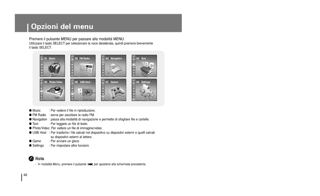 Samsung YH-J50GB/ELS, YH-J50KB/ELS manual Opzioni del menu, Premere il pulsante Menu per passare alla modalità Menu 