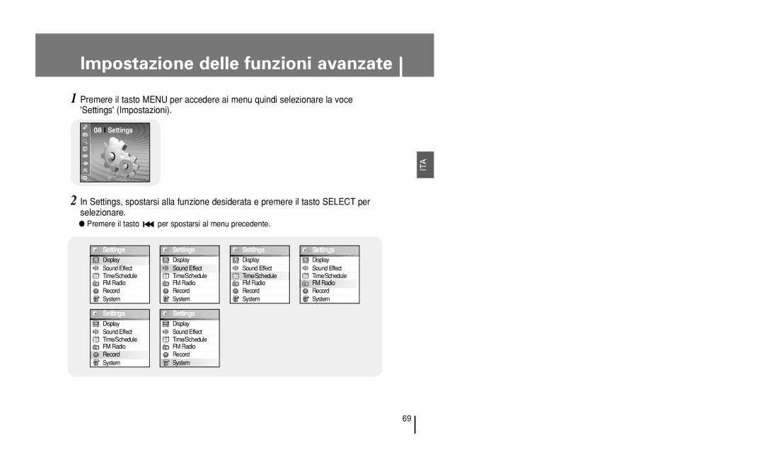 Samsung YH-J50KB/ELS, YH-J50GB/ELS Impostazione delle funzioni avanzate, Premere il tasto per spostarsi al menu precedente 