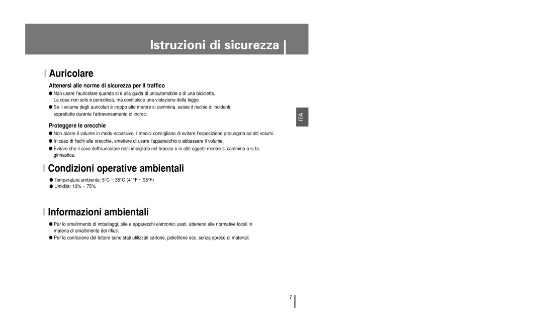 Samsung YH-J50KB/ELS, YH-J50GB/ELS manual Auricolare, Condizioni operative ambientali, Informazioni ambientali 