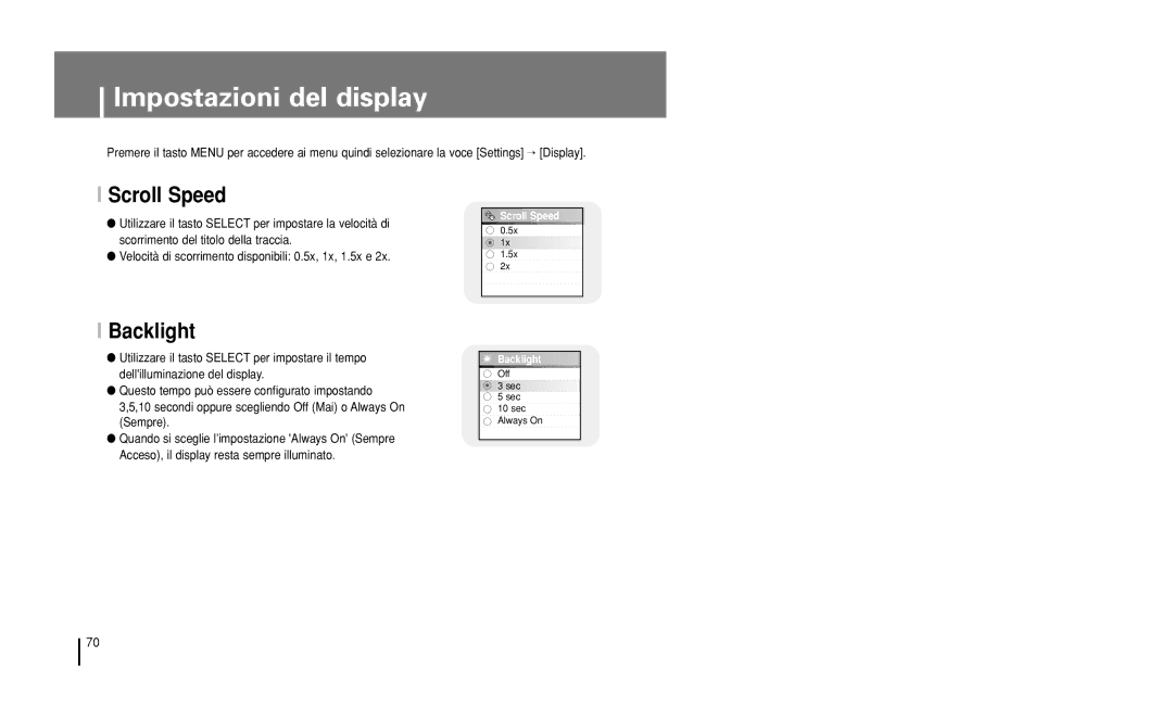 Samsung YH-J50GB/ELS, YH-J50KB/ELS manual Impostazioni del display, Scroll Speed, Backlight 