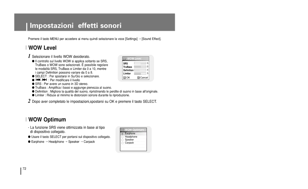 Samsung YH-J50GB/ELS, YH-J50KB/ELS manual Impostazioni effetti sonori, WOW Level, WOW Optimum 