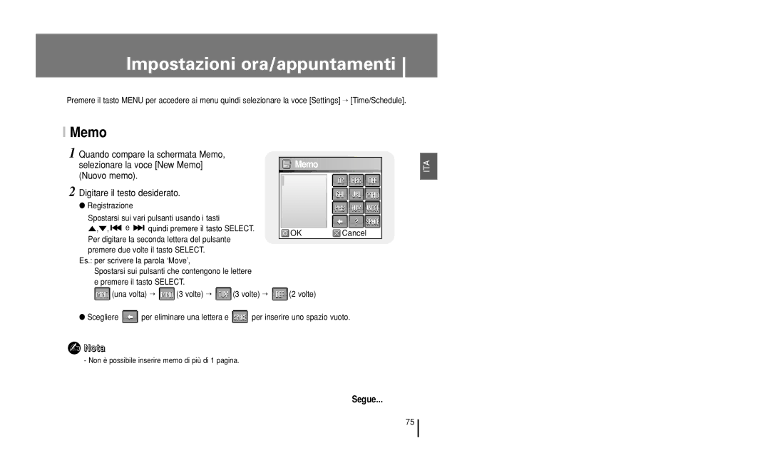 Samsung YH-J50KB/ELS, YH-J50GB/ELS manual Impostazioni ora/appuntamenti, Memo, Digitare il testo desiderato 