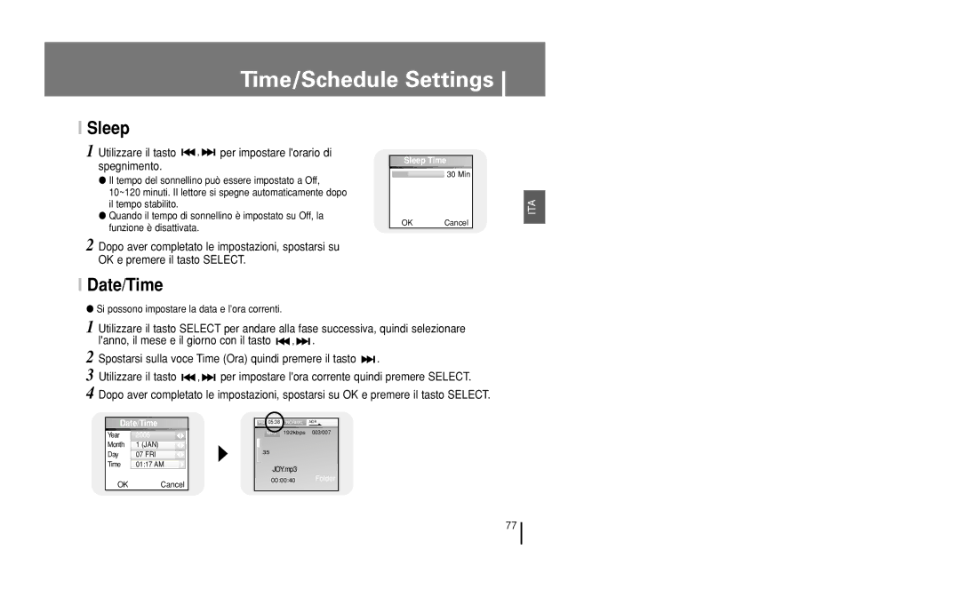 Samsung YH-J50KB/ELS Time/Schedule Settings, Sleep, Date/Time, Utilizzare il tasto , per impostare lorario di spegnimento 