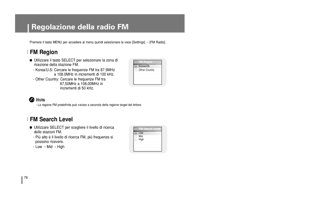 Samsung YH-J50GB/ELS, YH-J50KB/ELS manual Regolazione della radio FM, FM Region, FM Search Level 