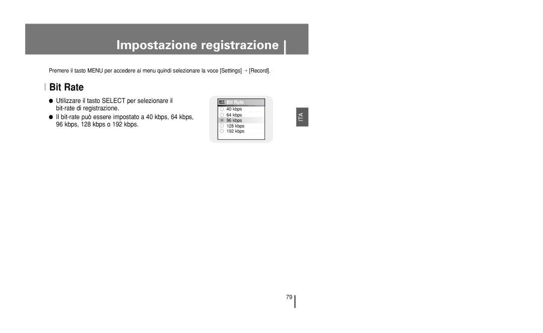 Samsung YH-J50KB/ELS, YH-J50GB/ELS manual Impostazione registrazione, Bit Rate 