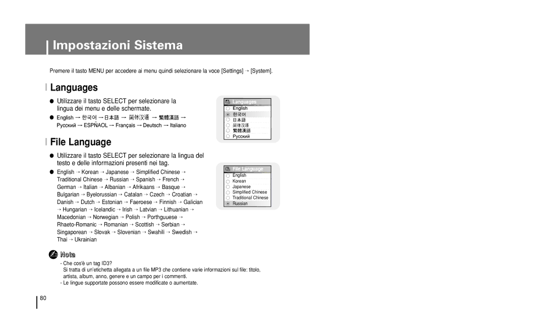 Samsung YH-J50GB/ELS manual Impostazioni Sistema, Languages, File Language, Utilizzare il tasto Select per selezionare la 