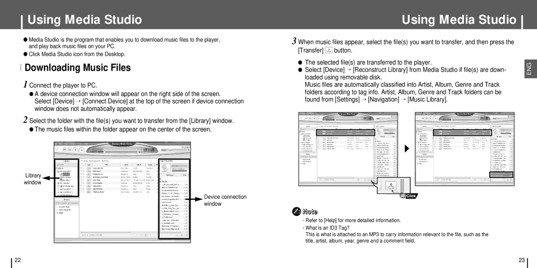 Samsung YH-J70 manual Using Media Studio, Downloading Music Files, Library window 