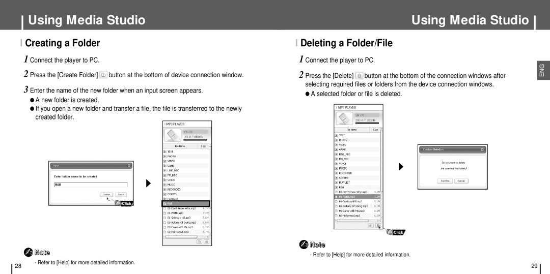 Samsung YH-J70 manual Creating a Folder, Deleting a Folder/File, Connect the player to PC 