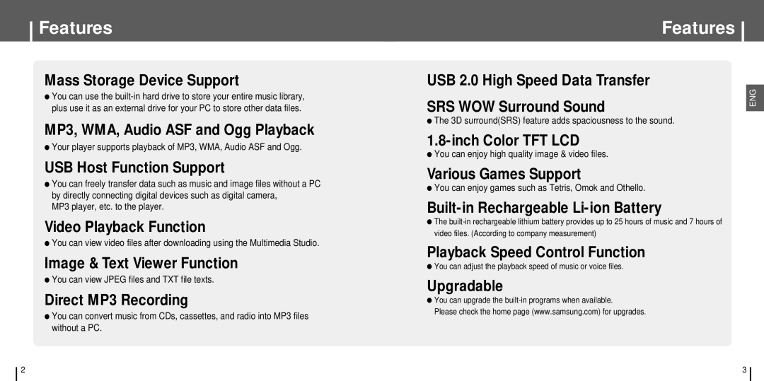 Samsung YH-J70 manual Features 