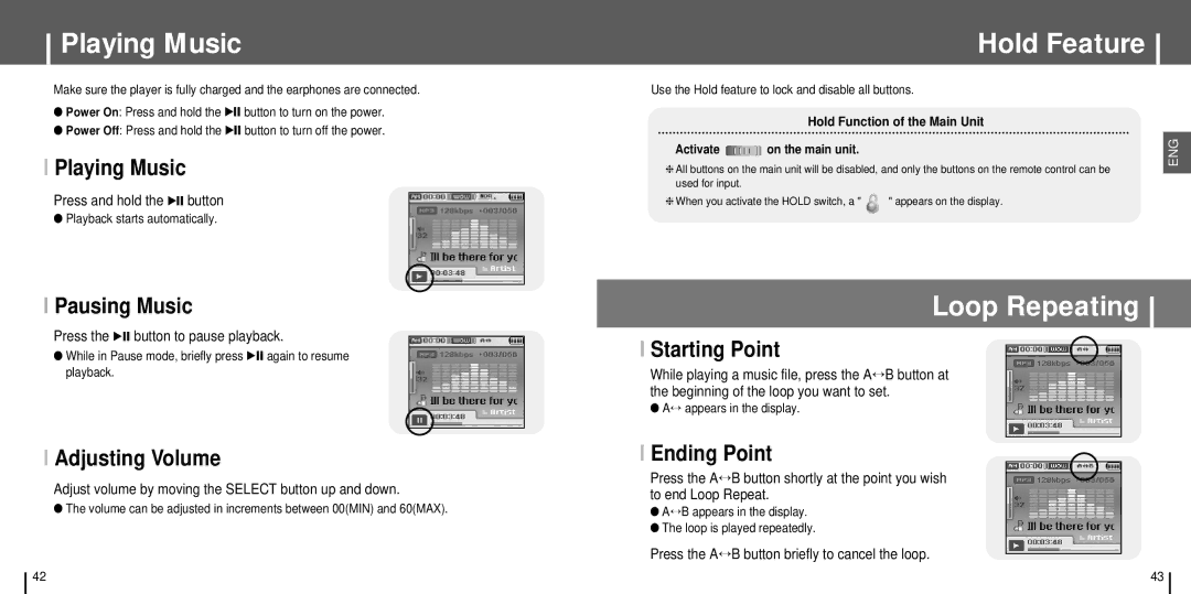 Samsung YH-J70 manual Playing Music, Hold Feature, Loop Repeating 