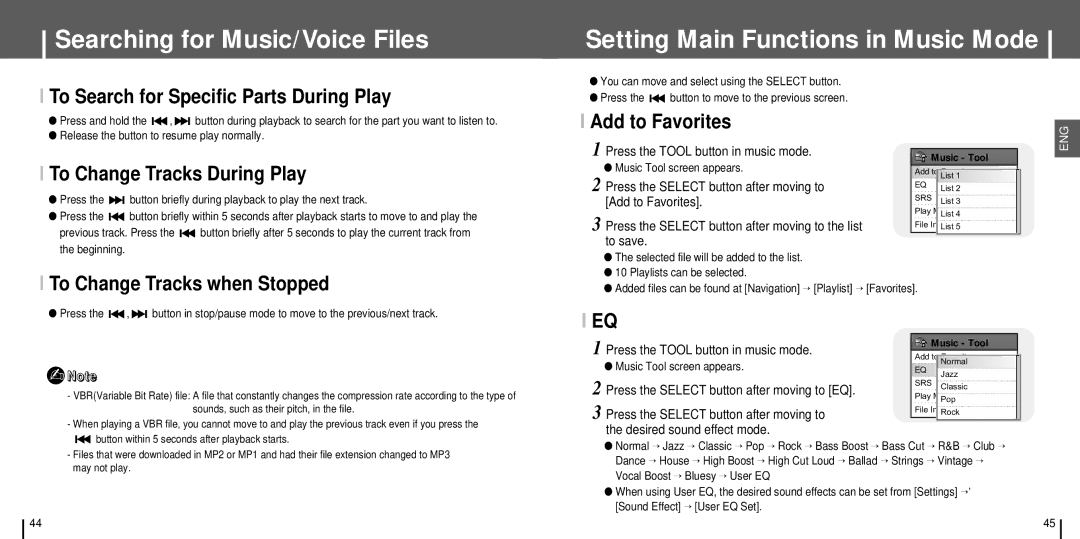 Samsung YH-J70 manual Searching for Music/Voice Files, Setting Main Functions in Music Mode 