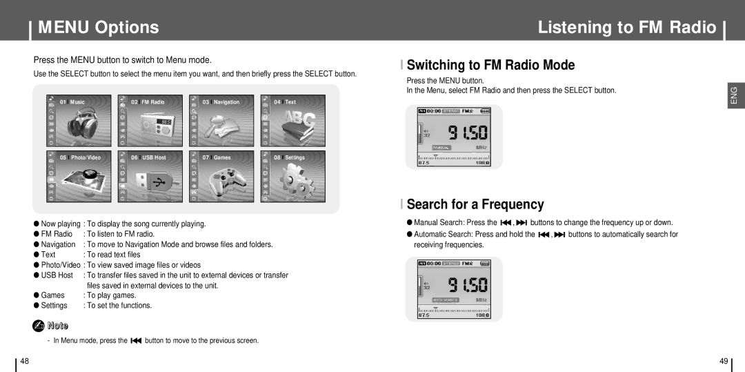 Samsung YH-J70 manual Menu Options, Listening to FM Radio, Switching to FM Radio Mode, Search for a Frequency 