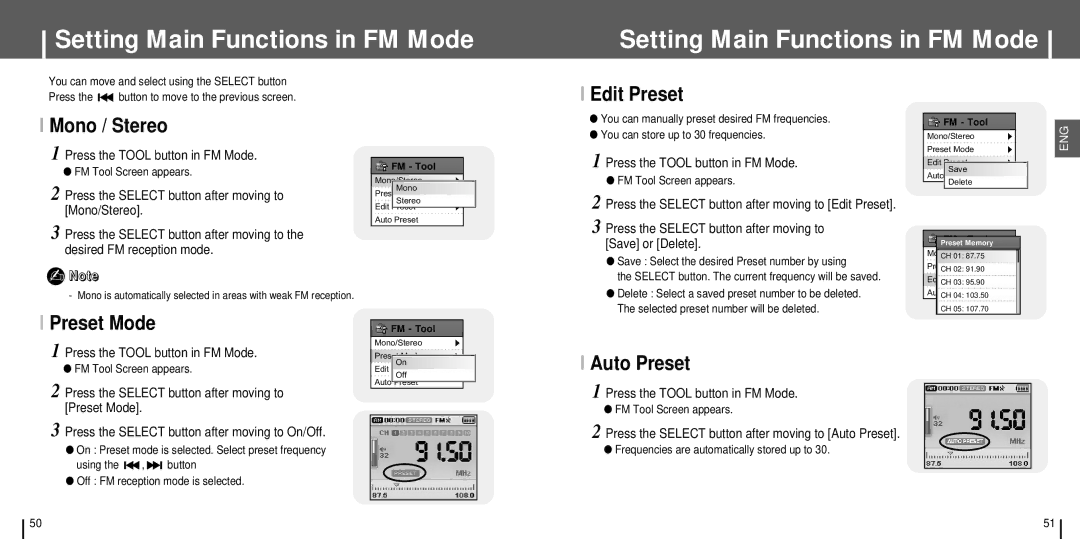 Samsung YH-J70 manual Setting Main Functions in FM Mode, Edit Preset Mono / Stereo, Preset Mode, Auto Preset 