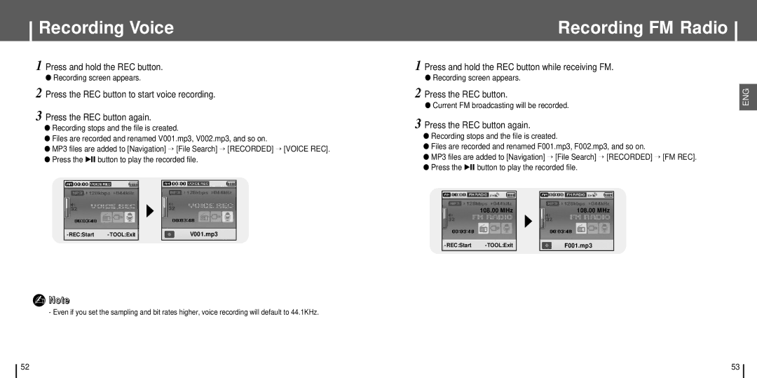 Samsung YH-J70 manual Recording Voice, Recording FM Radio 