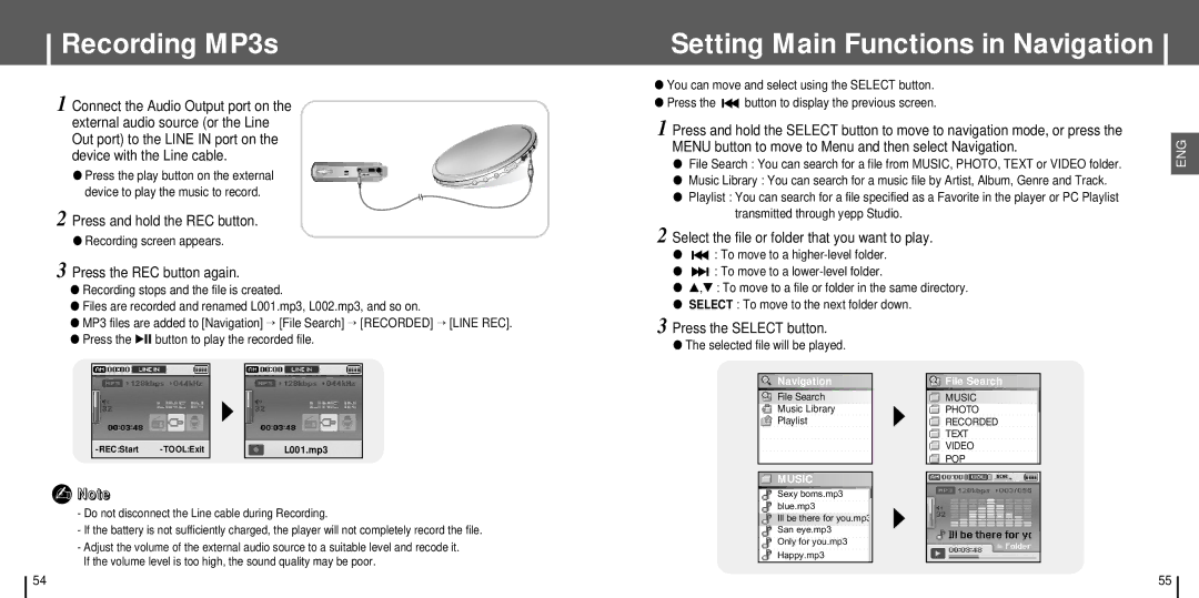 Samsung YH-J70 manual Recording MP3s, Setting Main Functions in Navigation, Select the file or folder that you want to play 