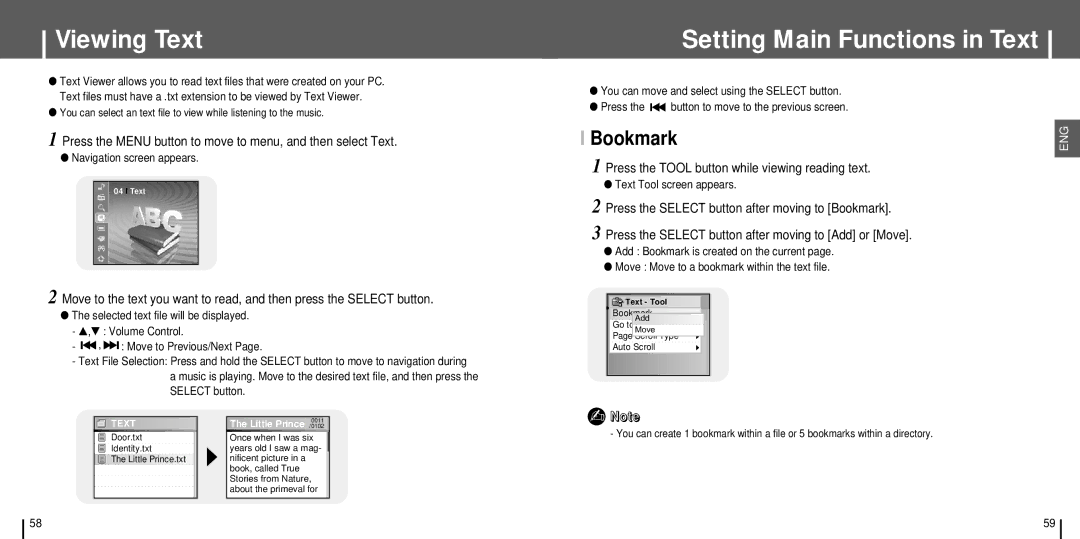 Samsung YH-J70 Viewing Text, Setting Main Functions in Text, Press the Menu button to move to menu, and then select Text 