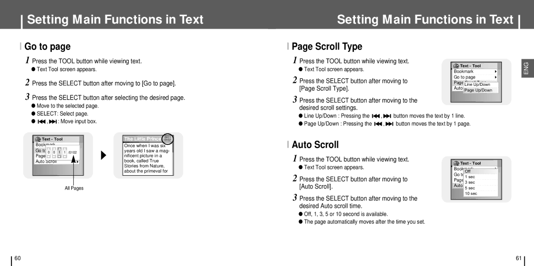 Samsung YH-J70 manual Go to, Scroll Type, Auto Scroll, Press the Tool button while viewing text 