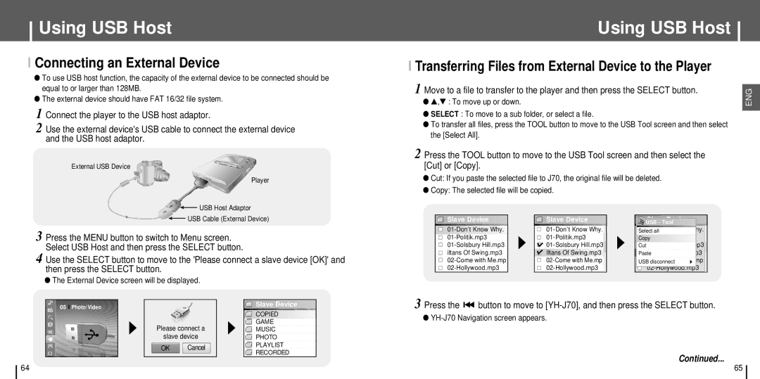 Samsung YH-J70 manual Using USB Host, Connecting an External Device, External Device screen will be displayed, Slave Device 