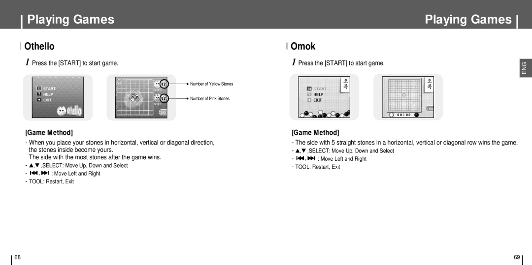 Samsung YH-J70 manual Othello, Omok, Press the Start to start game 