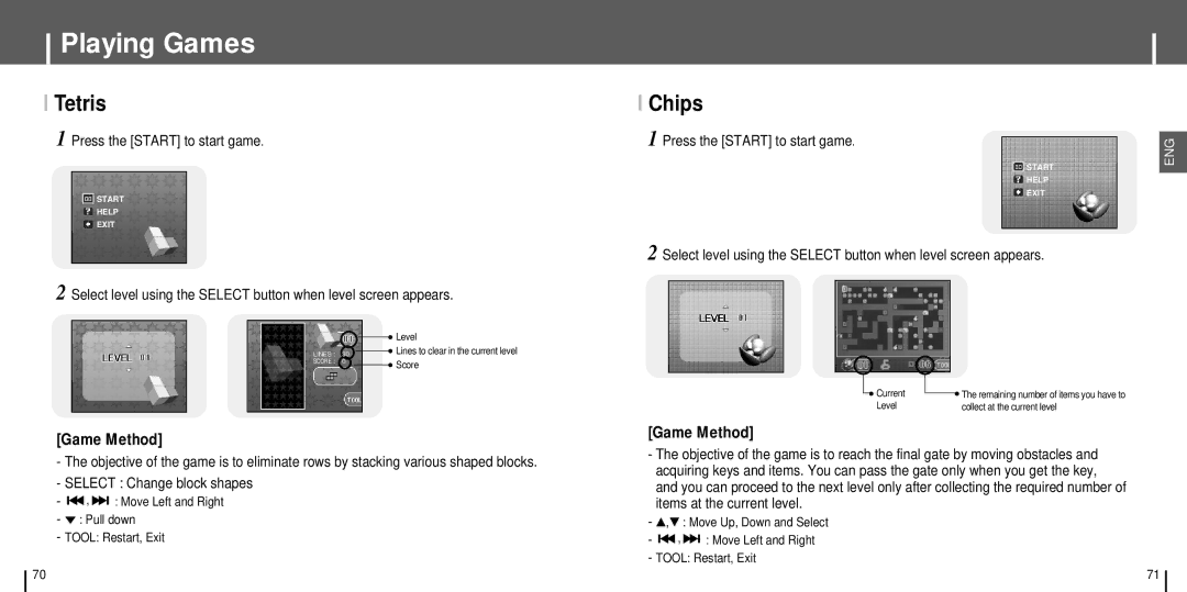 Samsung YH-J70 manual Tetris, Chips, Move Left and Right Pull down Tool Restart, Exit 