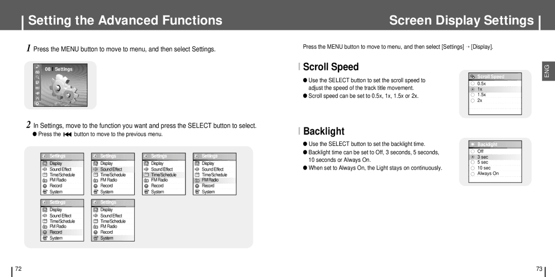 Samsung YH-J70 manual Setting the Advanced Functions, Screen Display Settings, Scroll Speed, Backlight 