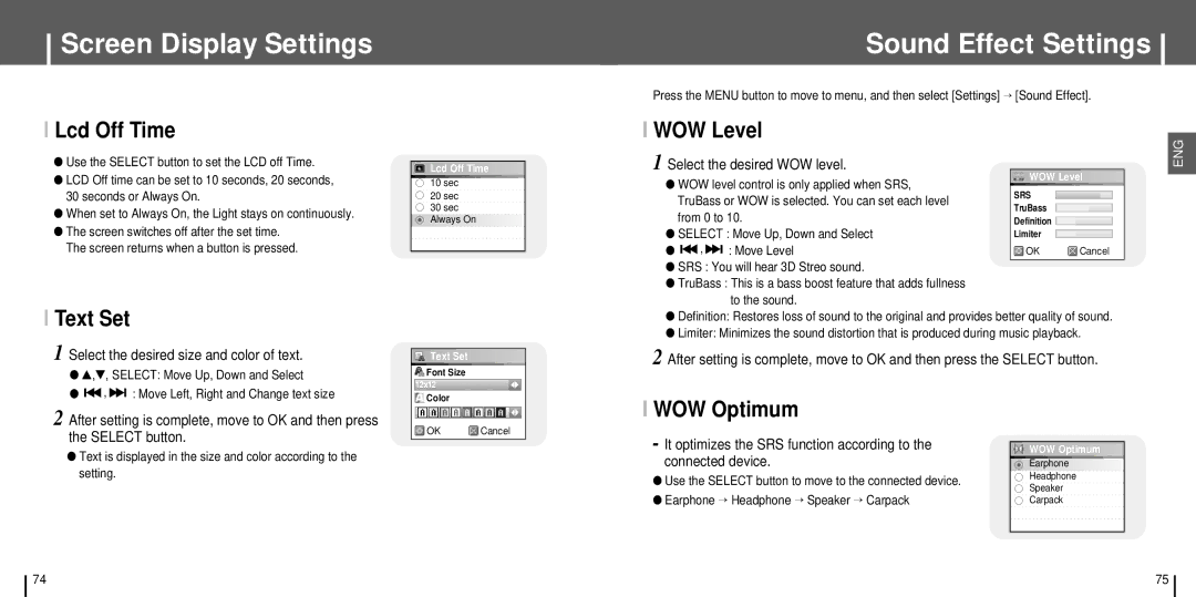 Samsung YH-J70 manual Screen Display Settings Sound Effect Settings, Lcd Off Time, Text Set, WOW Level, WOW Optimum 