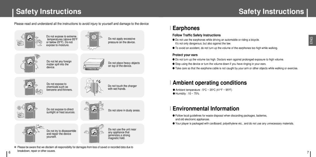 Samsung YH-J70 manual Safety Instructions, Earphones, Ambient operating conditions, Environmental Information 