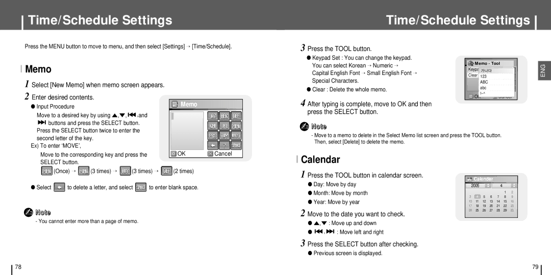 Samsung YH-J70 manual Time/Schedule Settings, Memo, Calendar 