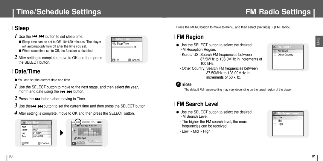 Samsung YH-J70 manual FM Radio Settings, Sleep, FM Region, Date/Time, FM Search Level 