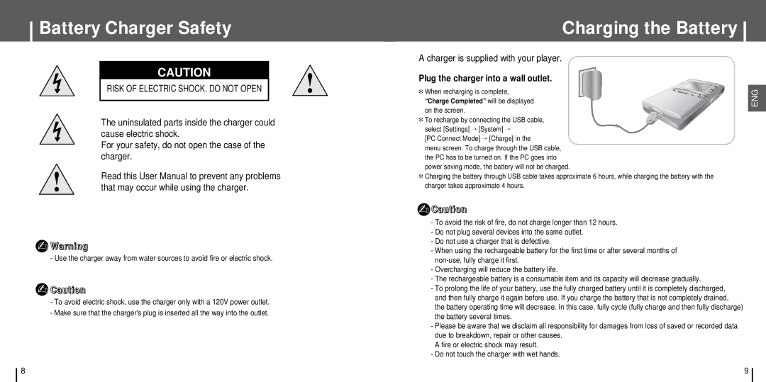 Samsung YH-J70 manual Battery Charger Safety, Charging the Battery 