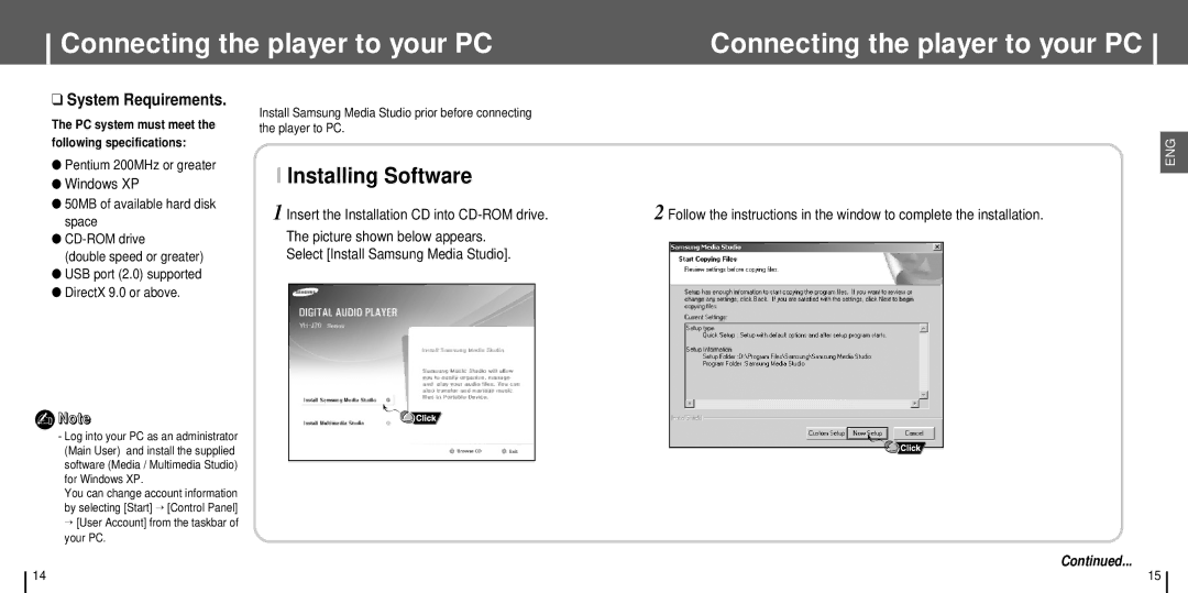 Samsung YH-J70 manual Connecting the player to your PC, Installing Software, Windows XP 