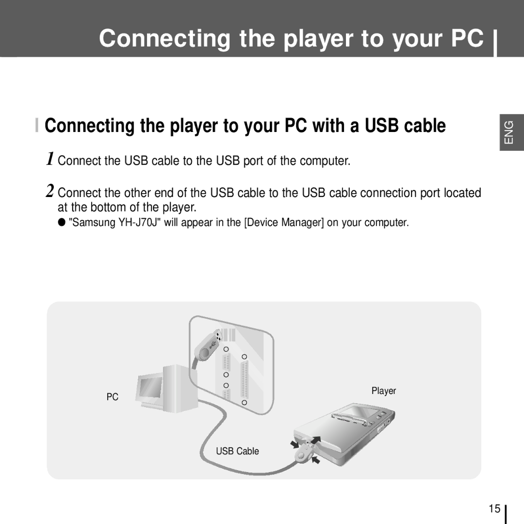 Samsung YH-J70J manual Connecting the player to your PC with a USB cable 