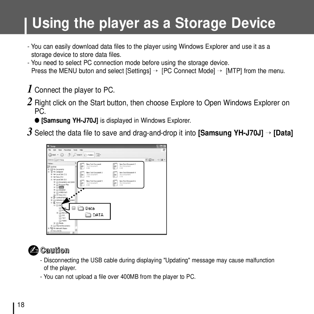 Samsung YH-J70J manual Using the player as a Storage Device 