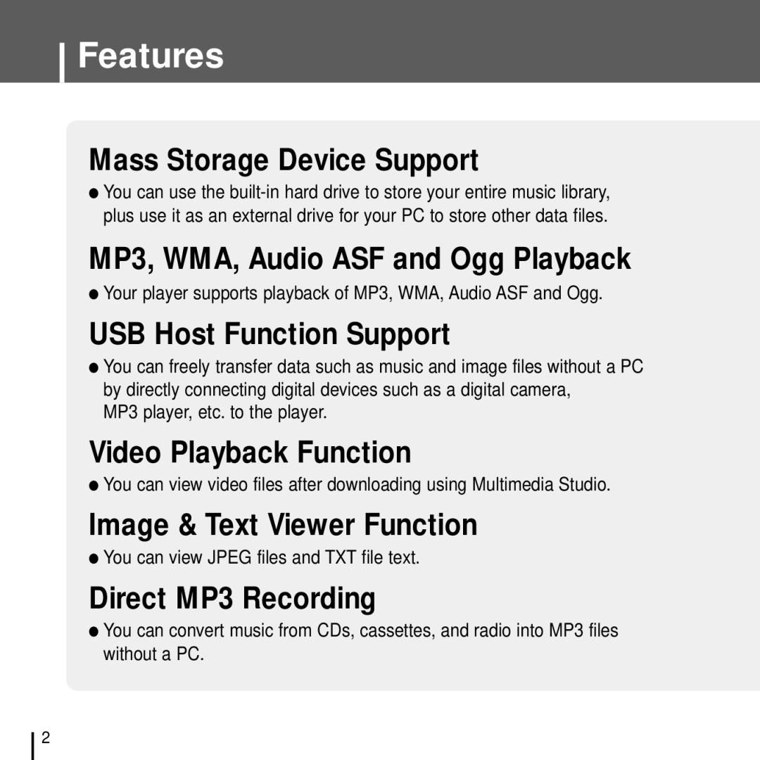 Samsung YH-J70J manual Features, MP3 player, etc. to the player, You can view Jpeg files and TXT file text 