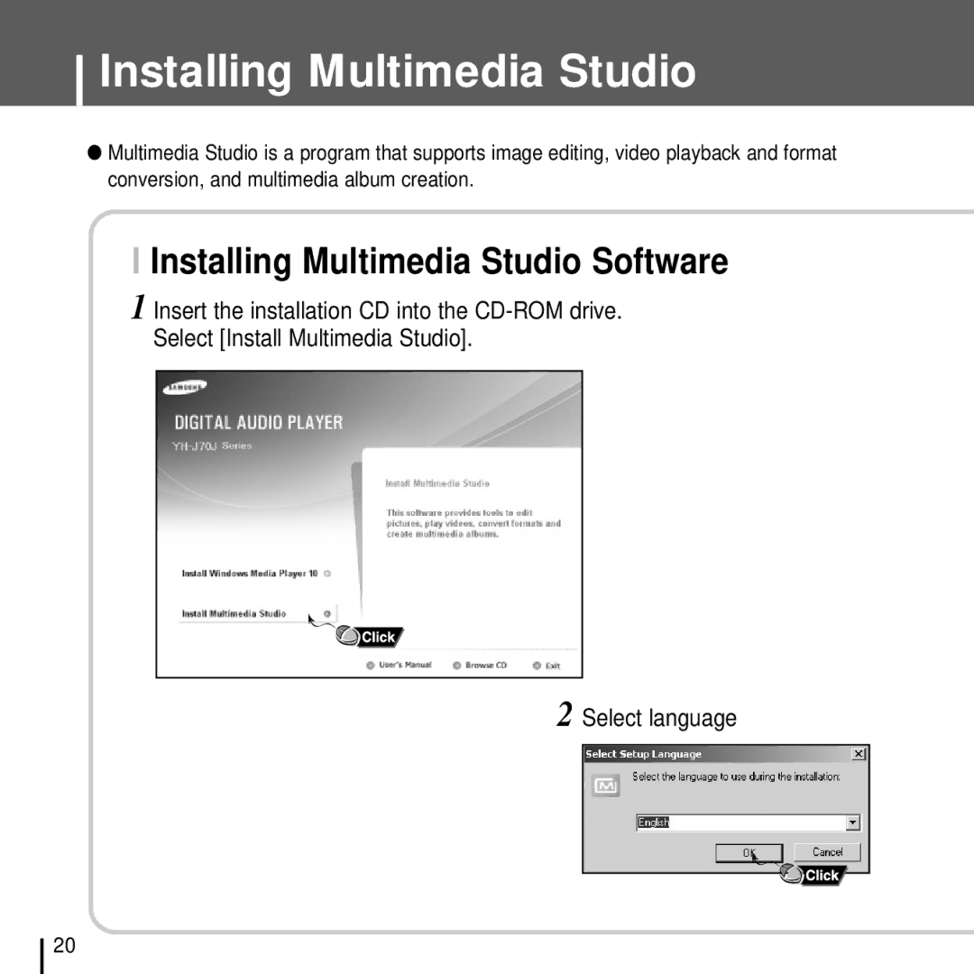 Samsung YH-J70J manual Installing Multimedia Studio Software 