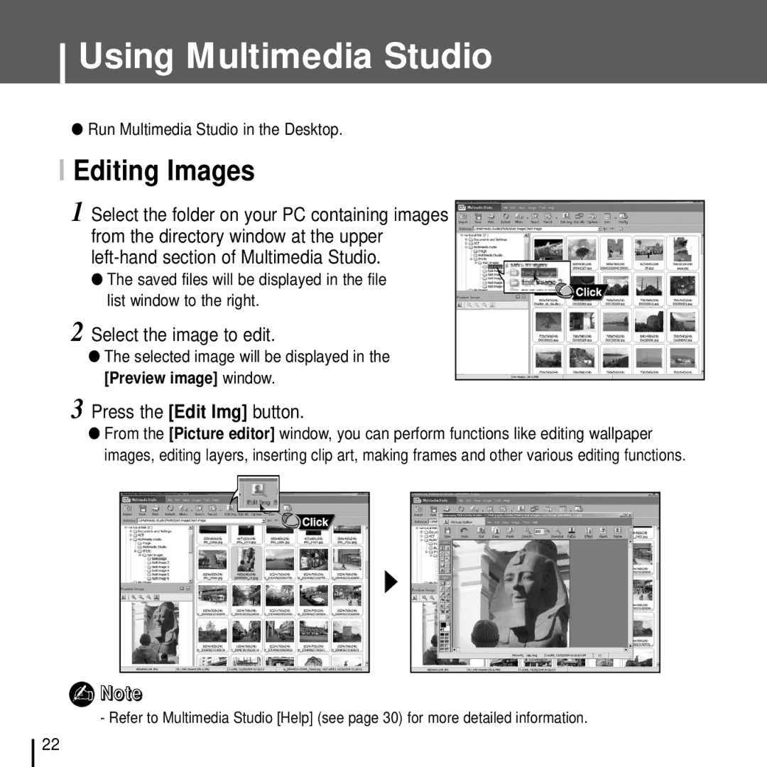 Samsung YH-J70J manual Using Multimedia Studio, Editing Images, Select the image to edit, Press the Edit Img button 