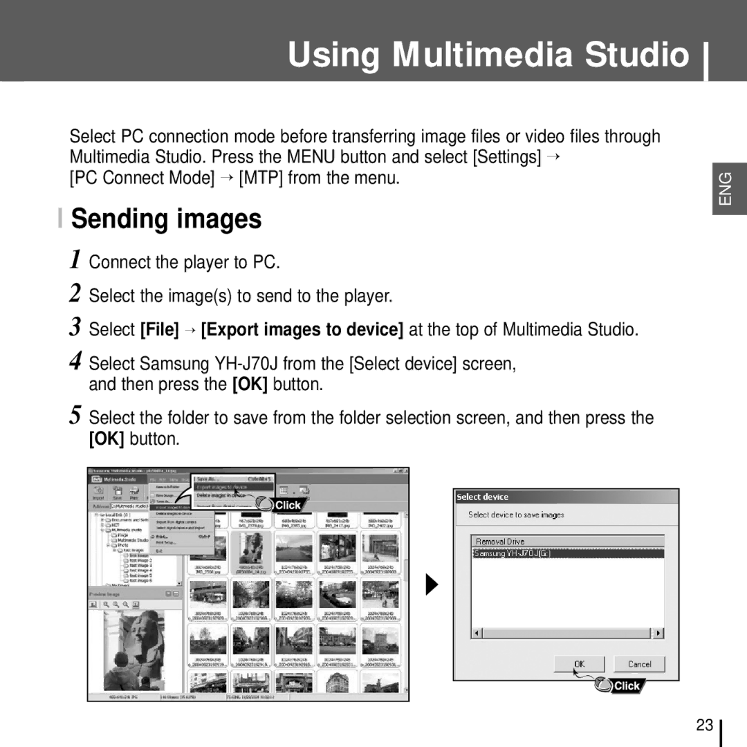 Samsung YH-J70J manual Sending images, PC Connect Mode → MTP from the menu 