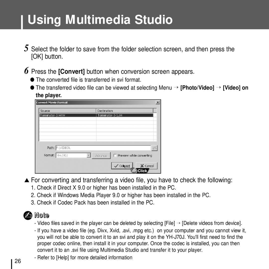 Samsung YH-J70J manual Converted file is transferred in svi format 