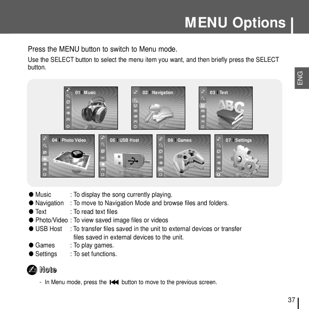 Samsung YH-J70J Menu Options, Press the Menu button to switch to Menu mode, Files saved in external devices to the unit 