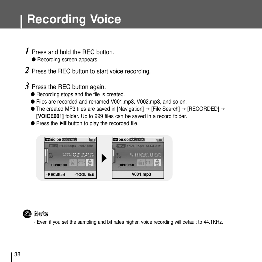 Samsung YH-J70J manual Recording Voice, Press and hold the REC button, Recording screen appears 