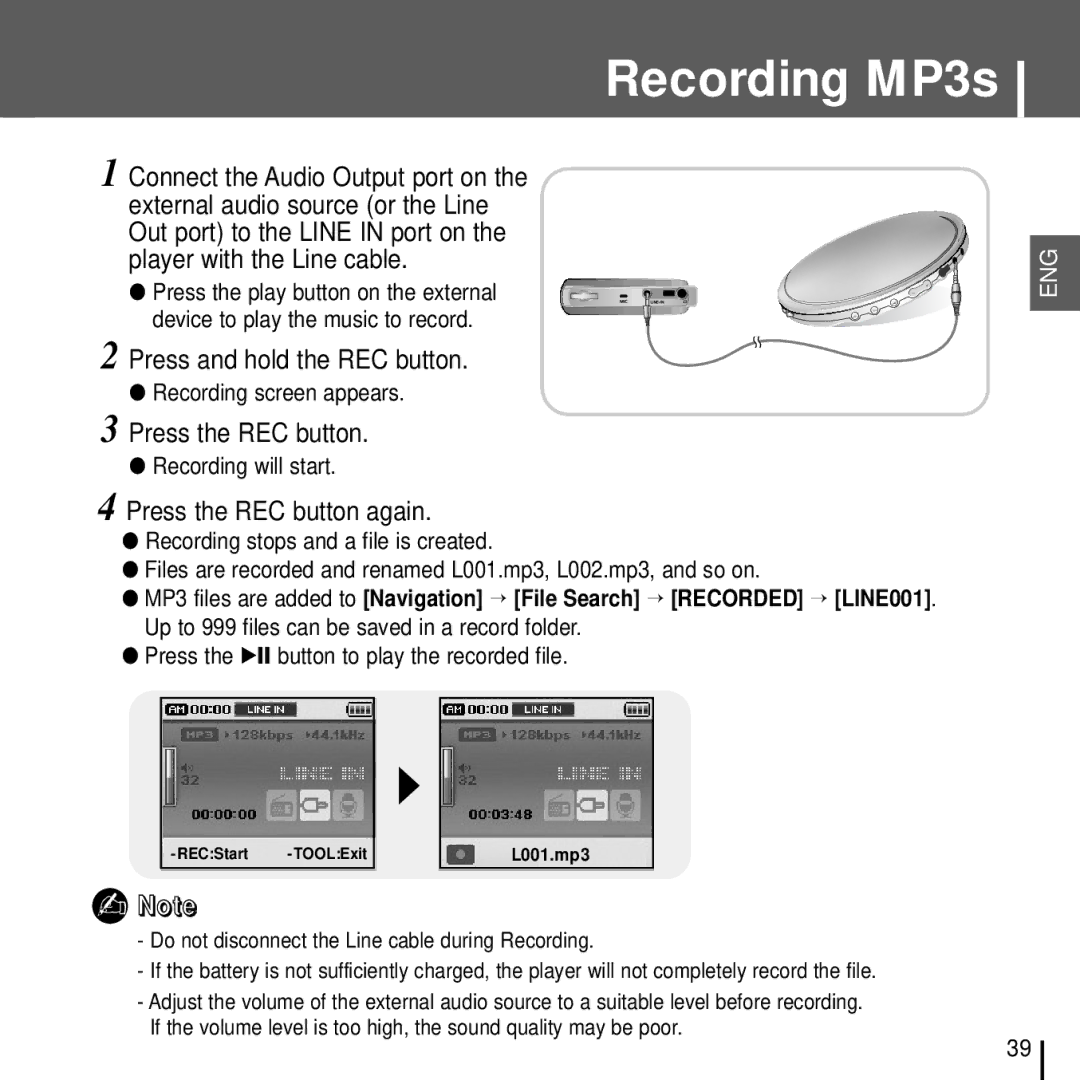 Samsung YH-J70J manual Recording MP3s 