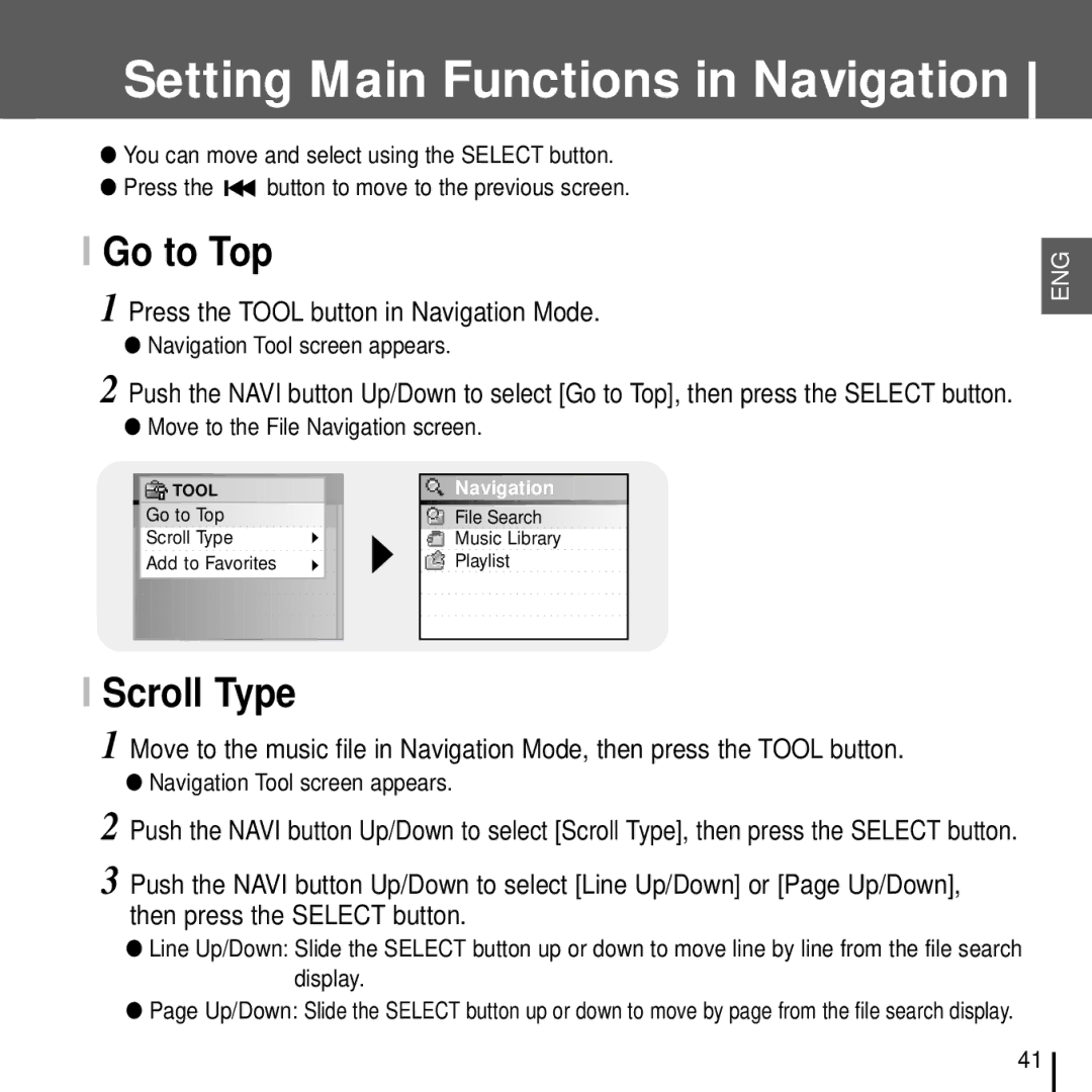 Samsung YH-J70J manual Go to Top, Scroll Type, Press the Tool button in Navigation Mode 