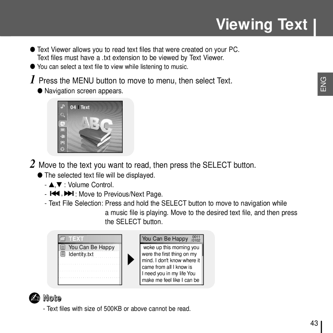 Samsung YH-J70J manual Viewing Text, Press the Menu button to move to menu, then select Text, Navigation screen appears 