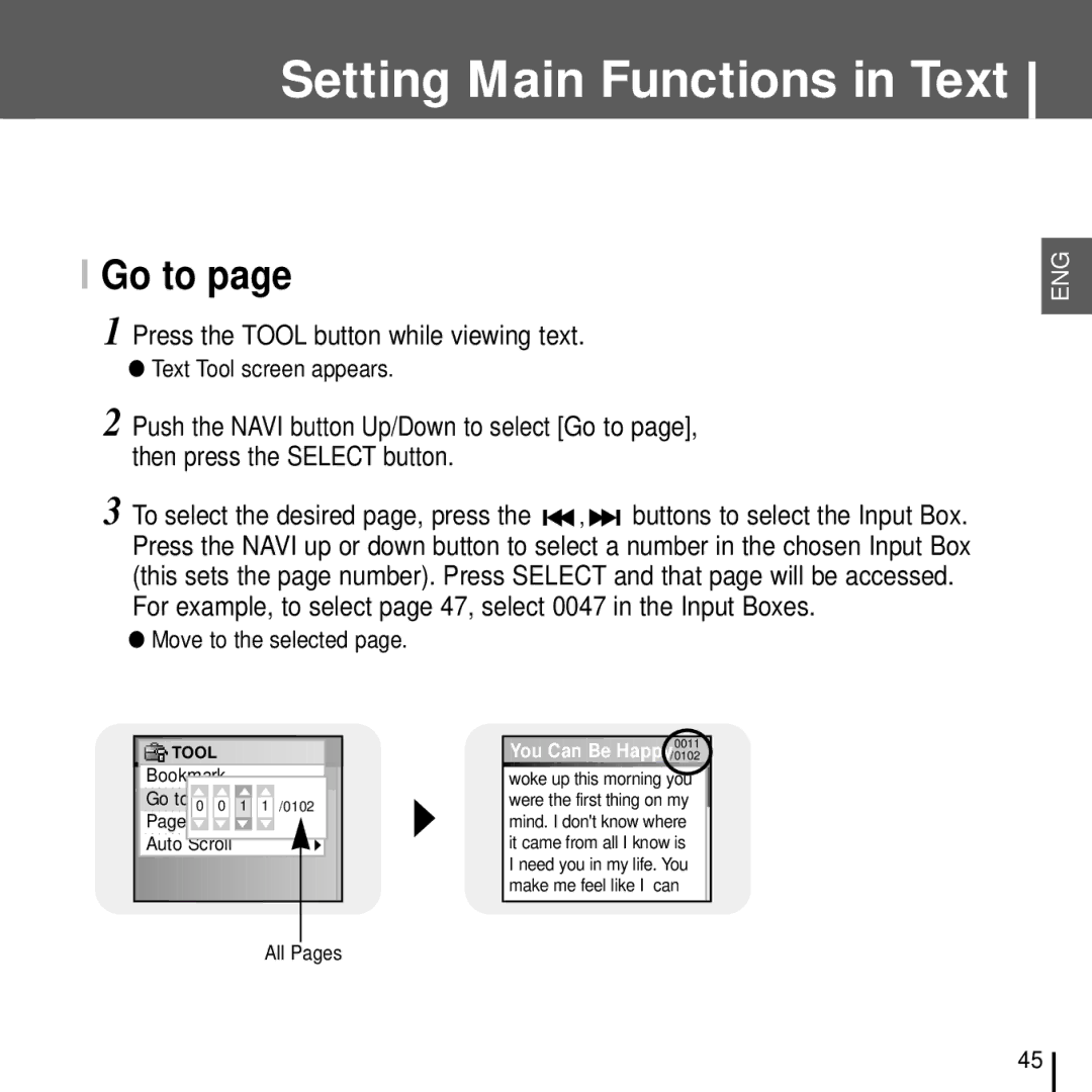 Samsung YH-J70J manual Go to, Press the Tool button while viewing text, Text Tool screen appears, Move to the selected 