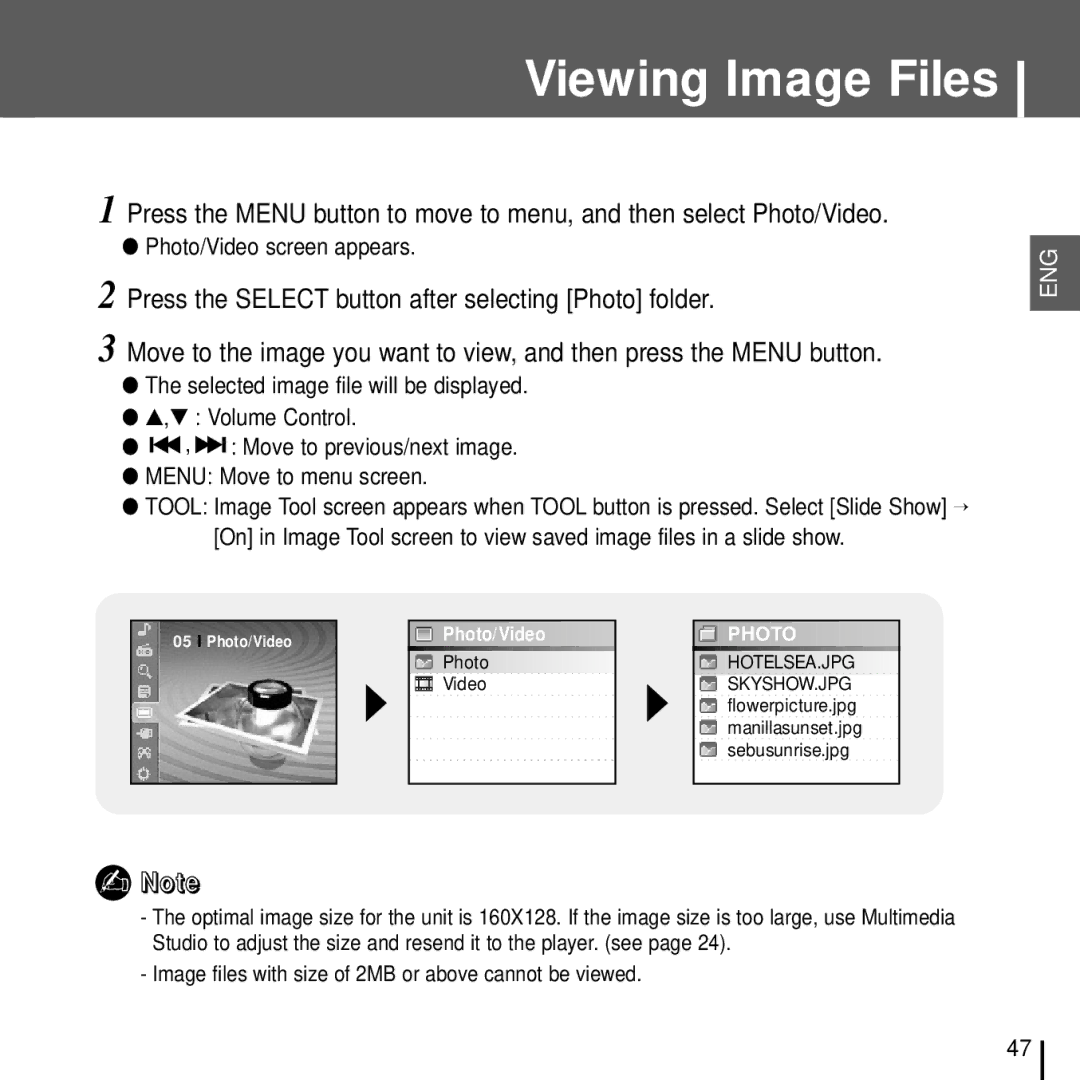 Samsung YH-J70J Viewing Image Files, Photo/Video screen appears, Image files with size of 2MB or above cannot be viewed 