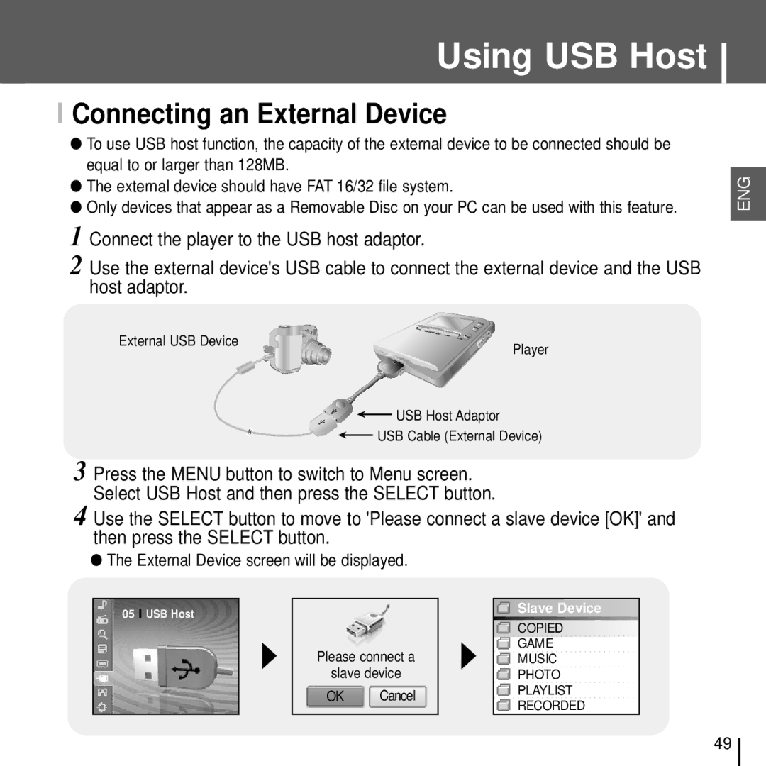 Samsung YH-J70J manual Using USB Host, Connecting an External Device, External Device screen will be displayed 