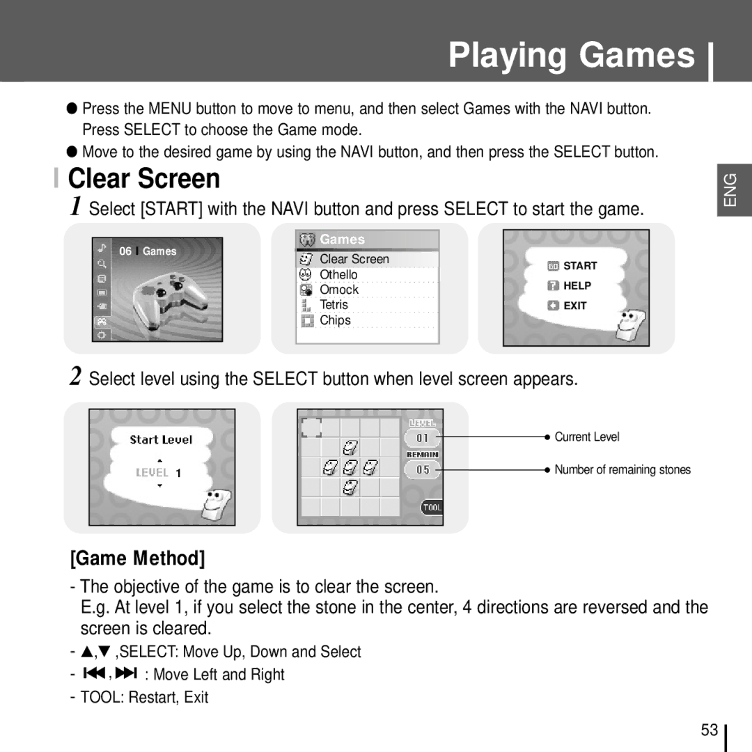 Samsung YH-J70J manual Playing Games, Clear Screen 