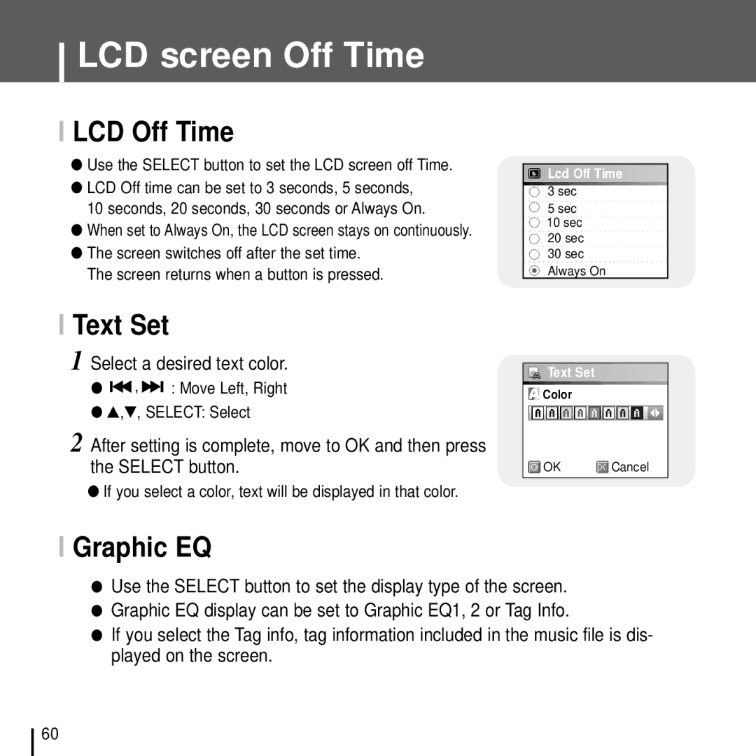 Samsung YH-J70J manual LCD screen Off Time, LCD Off Time, Text Set, Graphic EQ, Select a desired text color 