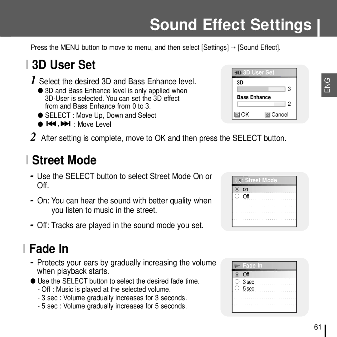 Samsung YH-J70J manual Sound Effect Settings, 3D User Set, Street Mode, Fade 